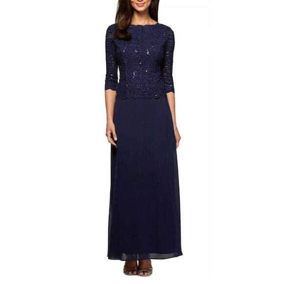 NEW womens sz 16 Alex Evenings navy sequin lace top scallop neck flowy gown